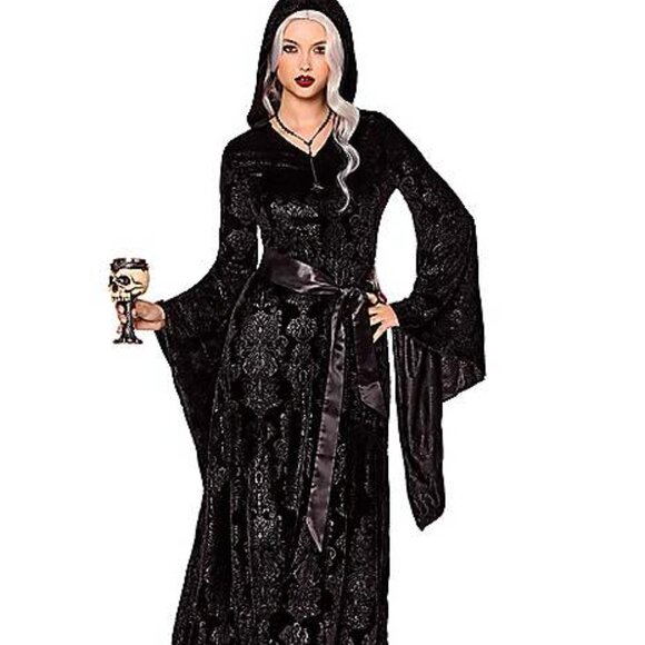 Spirit Halloween Black Witchy Velvet Hooded Dress Size Medium - Picture 1 of 11